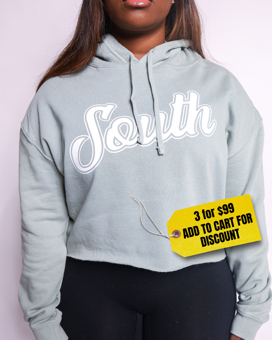*Cropped* Classic South Script Hoodie - Sage/White
