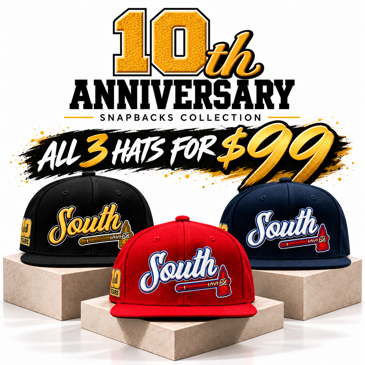 BUNDLE "10th Anniversary" South Tomahawk Snapback (Black-Red-Navy)