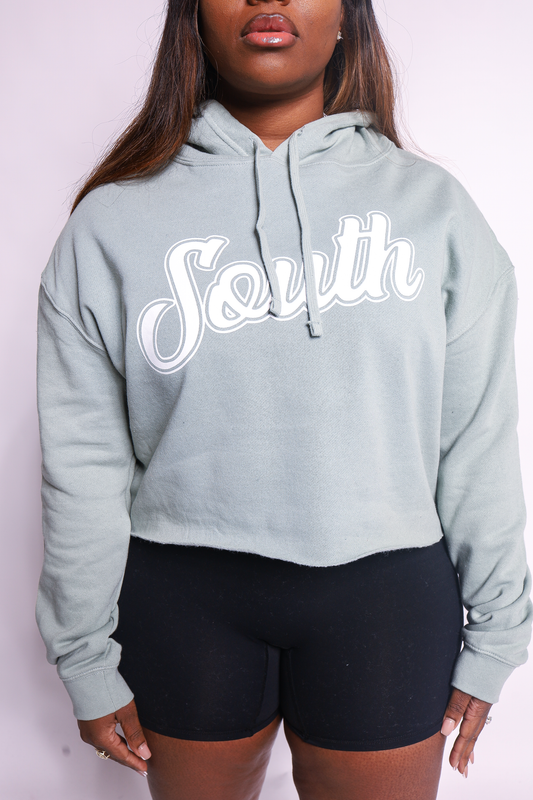 *Cropped* Classic South Script Hoodie - Sage/White