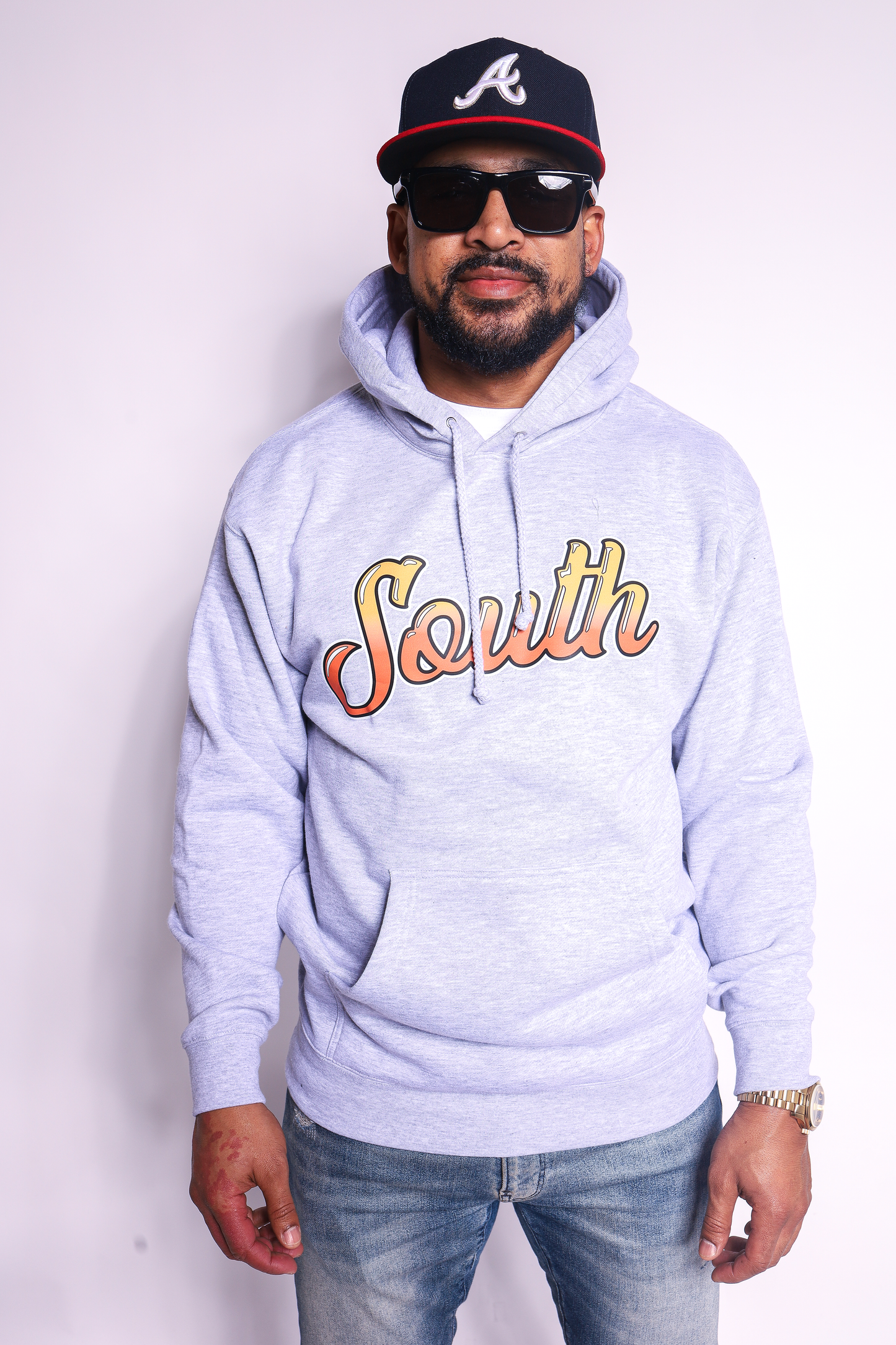 *STB* PREMIUM HEAVYWEIGHT South Script Hoodie | Front Only (Grey/Orange)