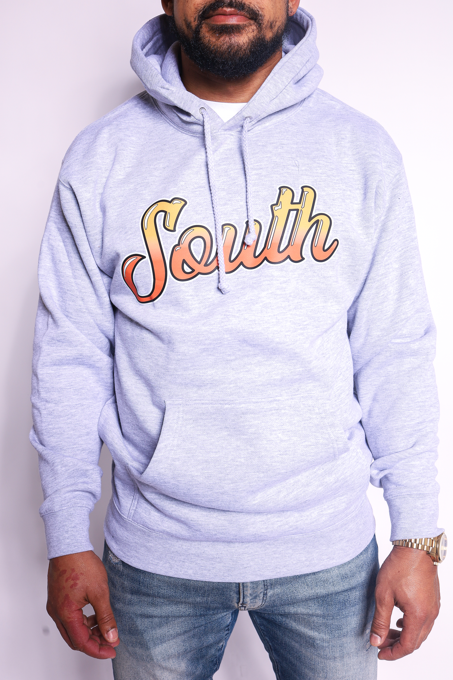 *STB* PREMIUM HEAVYWEIGHT South Script Hoodie | Front Only (Grey/Orange)