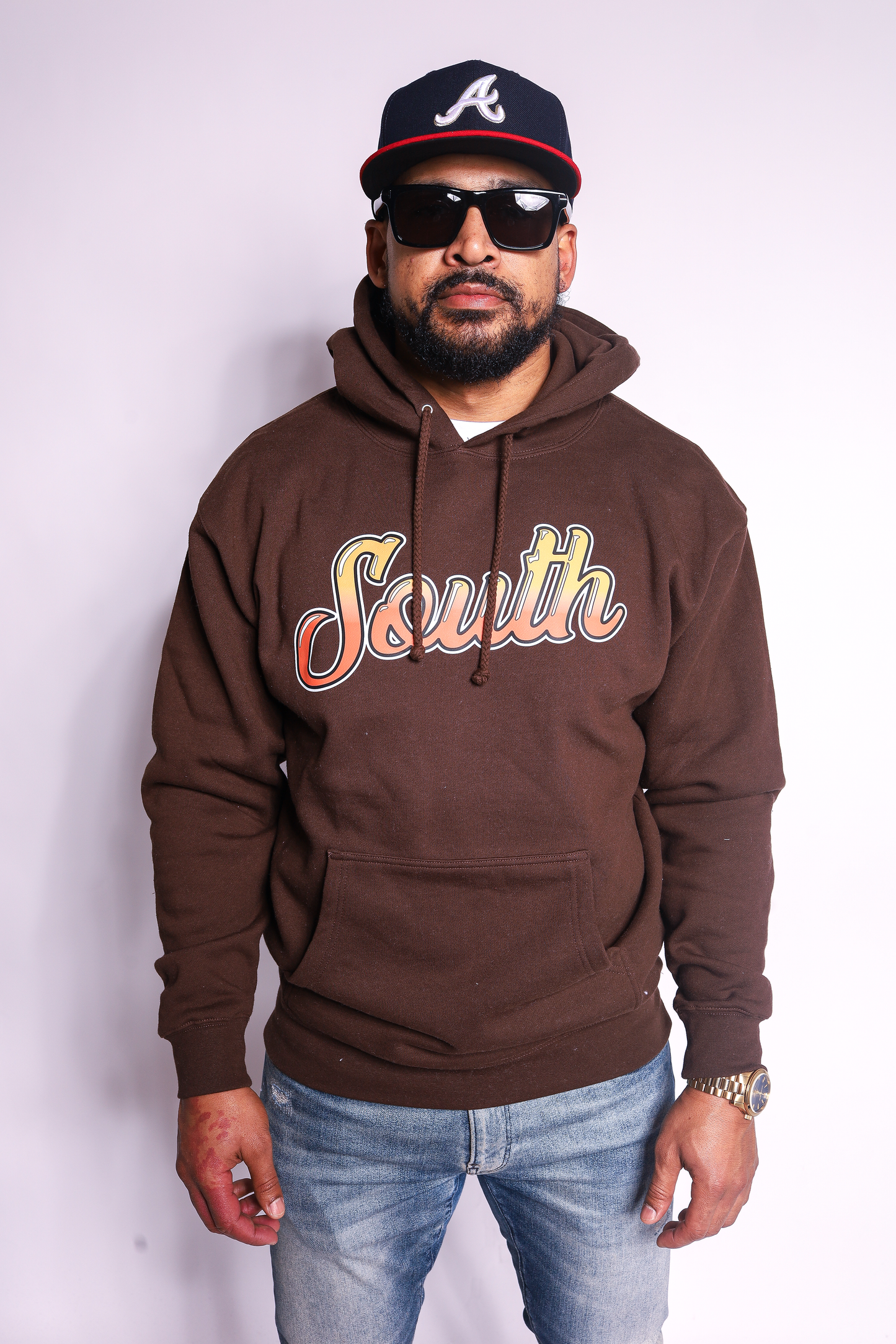 *STB* PREMIUM HEAVYWEIGHT South Script Hoodie | Front Only (Chocolate/Orange)