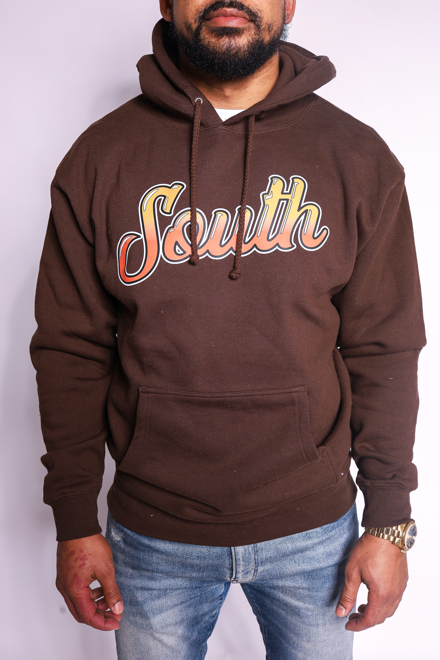 *STB* PREMIUM HEAVYWEIGHT South Script Hoodie | Front Only (Chocolate/Orange)