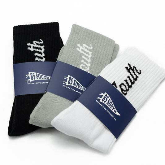3-Pack "South" Script Crew Socks (Black/Grey/White)