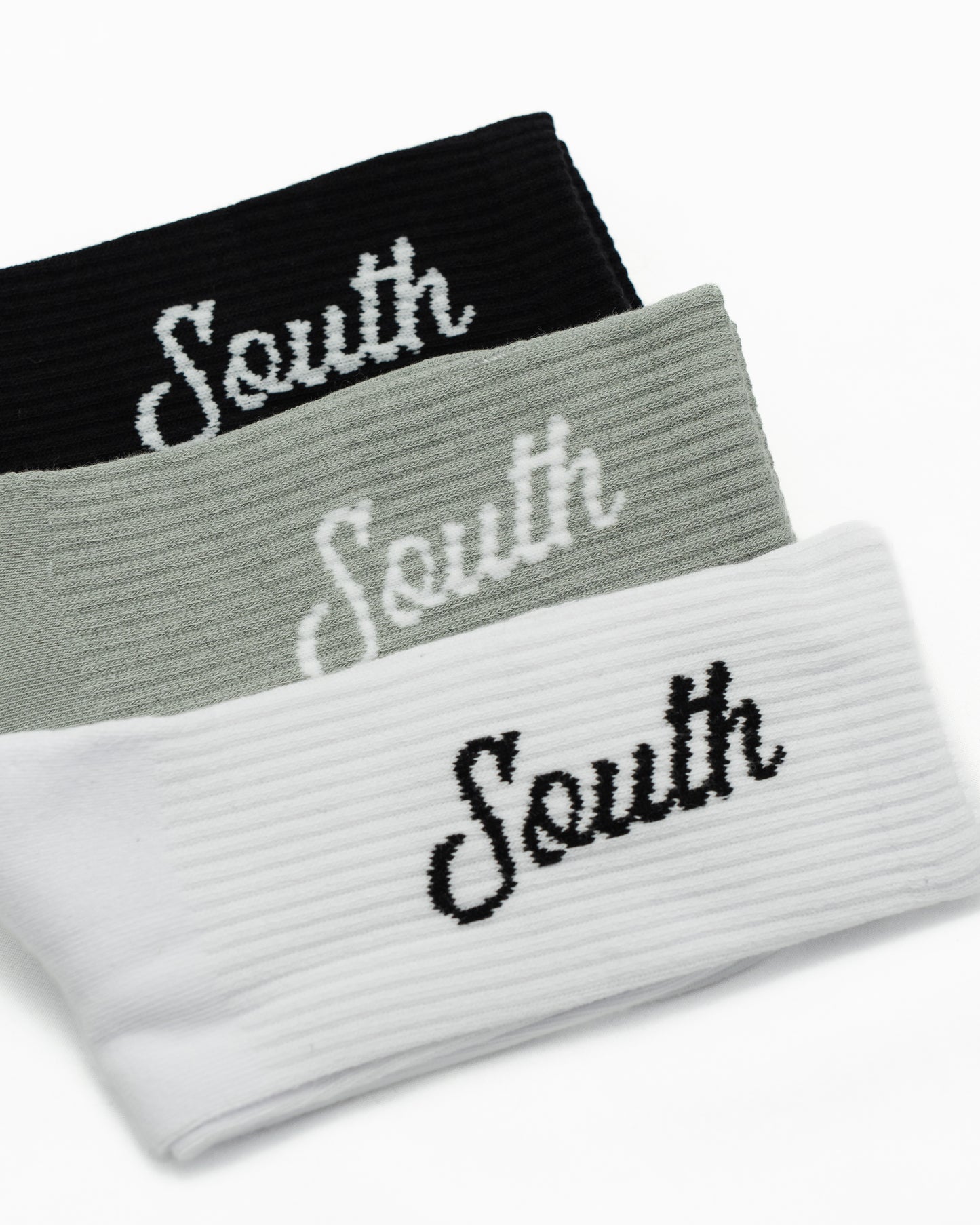 3-Pack "South" Script Crew Socks (Black/Grey/White)
