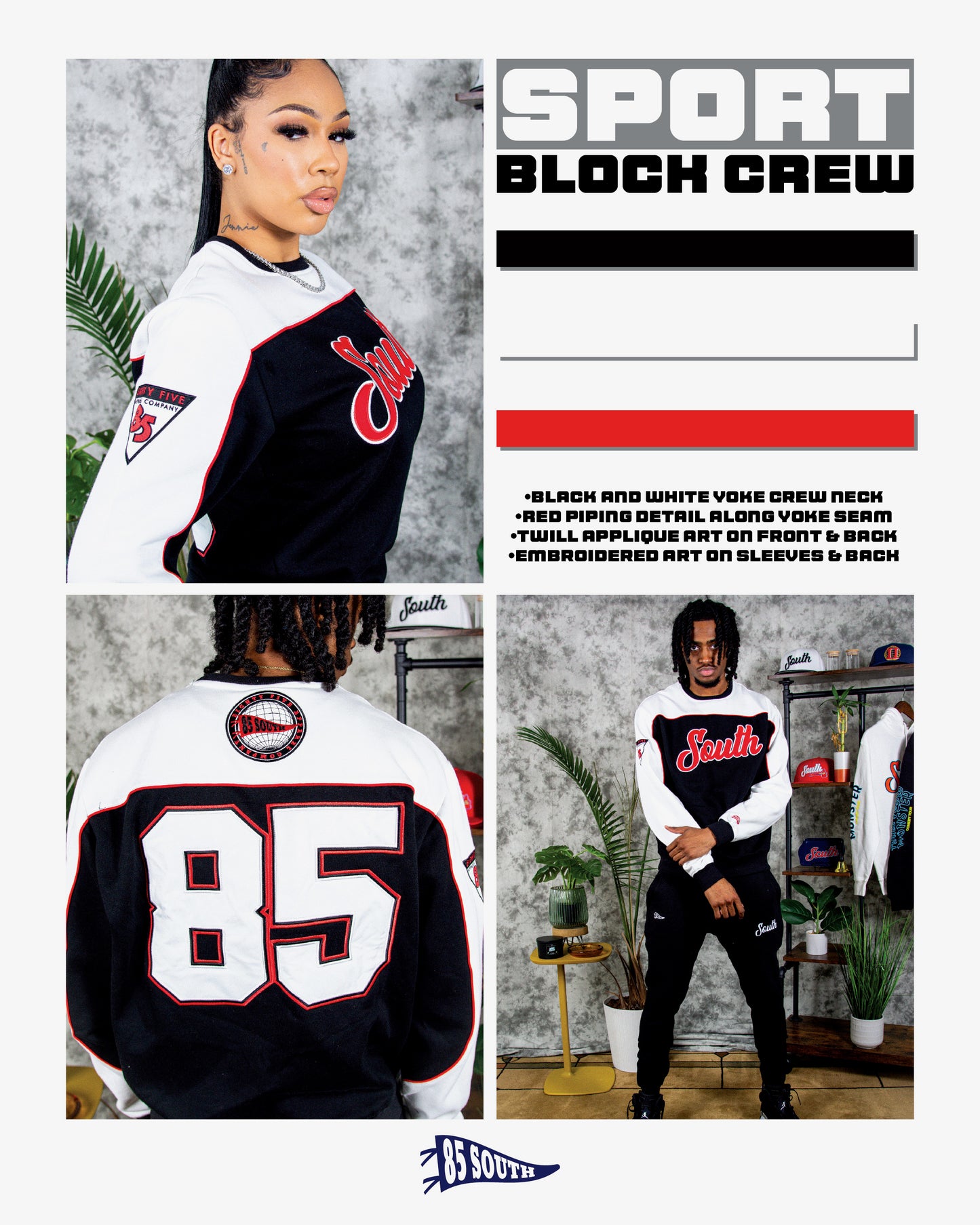 85 South Bred Crewneck -Formula One Red/Black Beauty /White